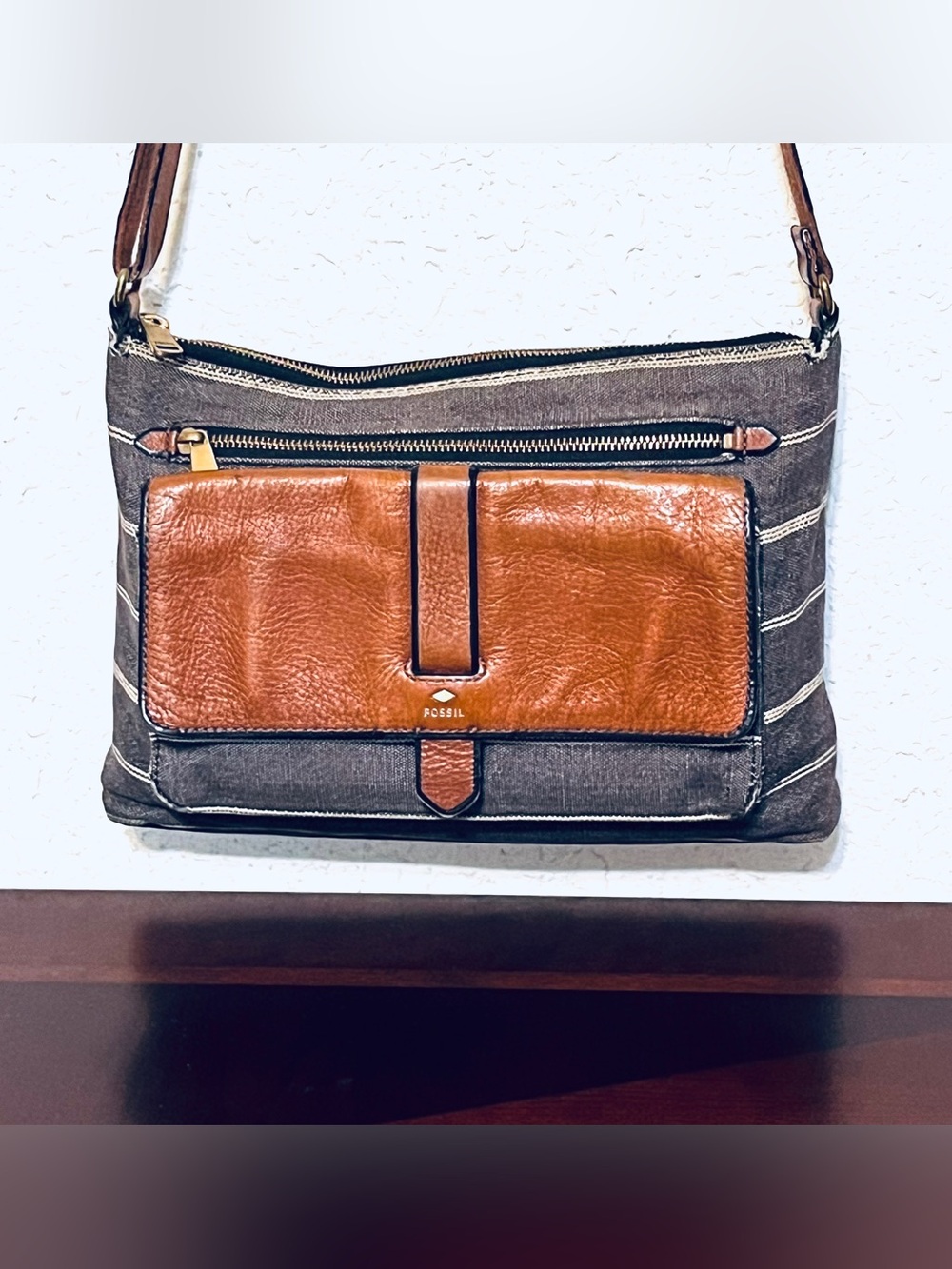 Fossil Brown Canvas Crossbody with Tan Leather Front Pocket And Straps
